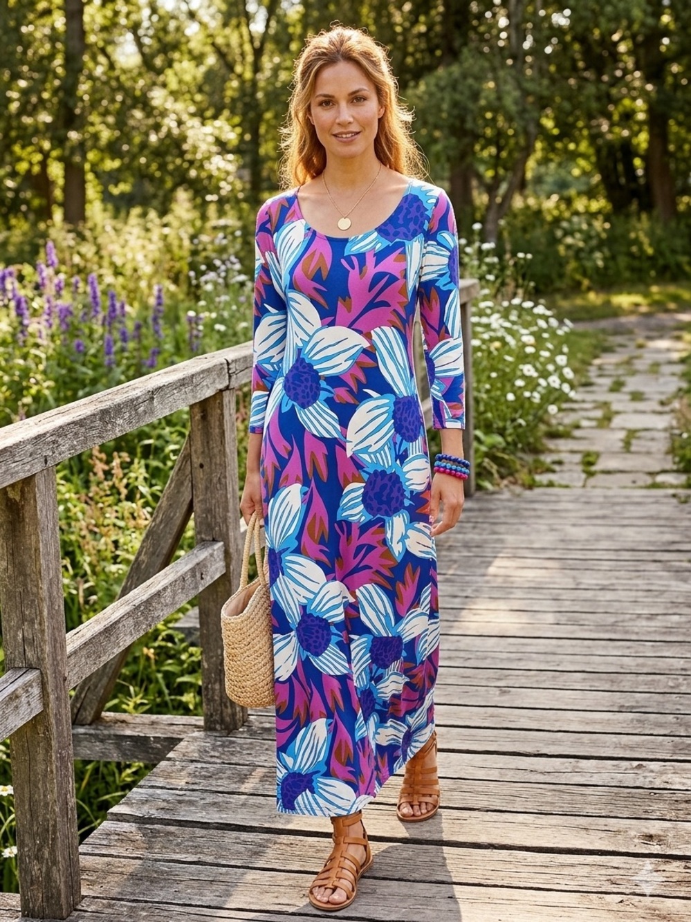 Soft Surroundings Pink Purple Blue Floral Maxi Dress Tropical Stretch Knit